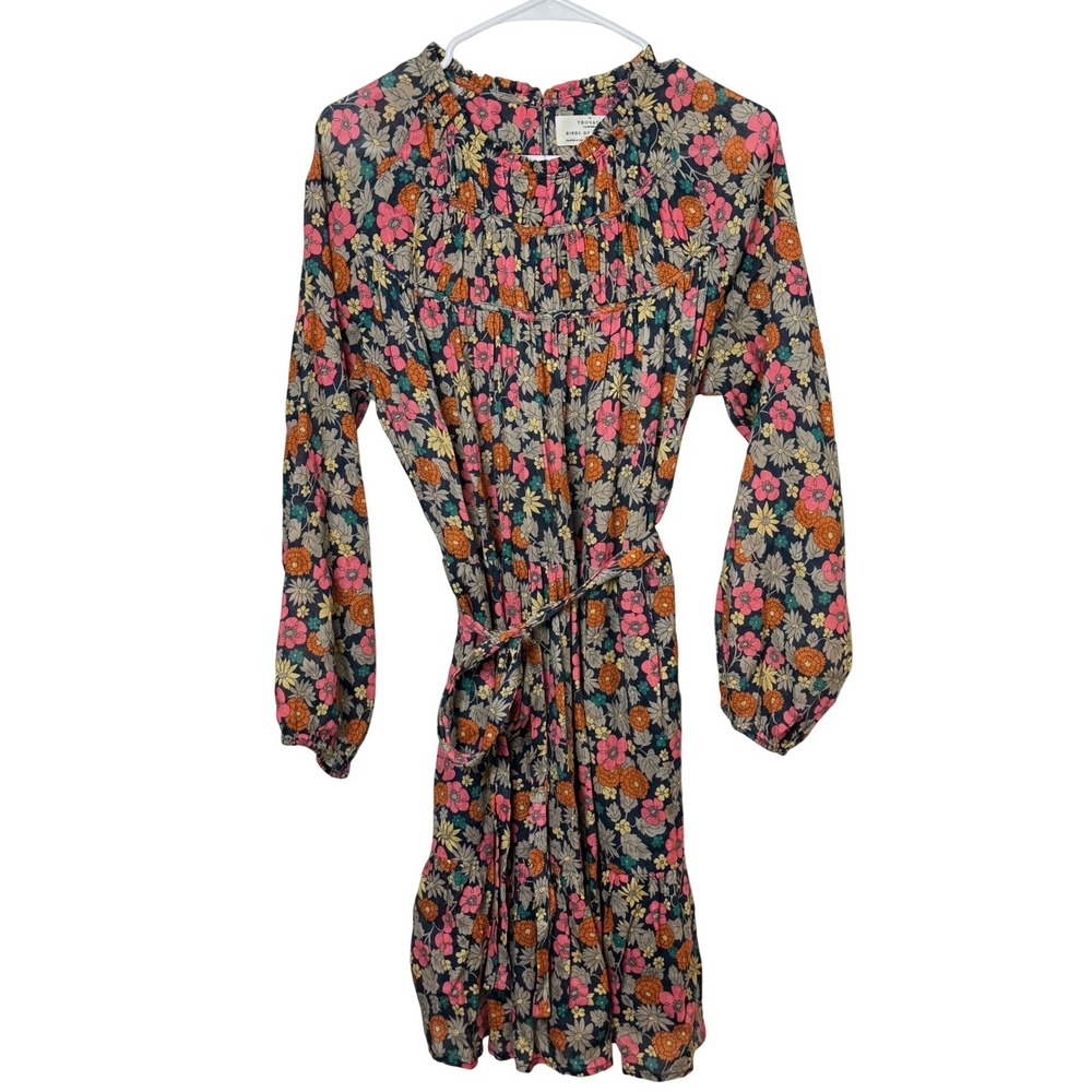 Birds of Paradis Trovata Floral Dress Women M Navy Multi Tiered Ramie Cotton